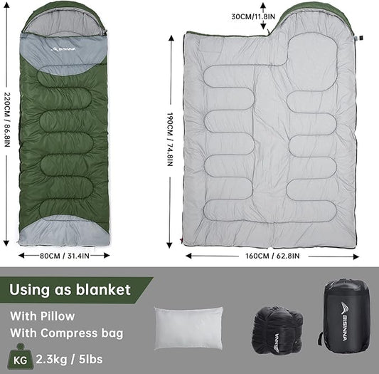 BISINNA 0 Degree Winter Sleeping Bags(480GSM) for Adults-Cold Weather Camping Sleeping Bag-Comfortable Warm Portable Sleeping Bags with Pillow Compression Sack for Backpacking Hiking Outdoor