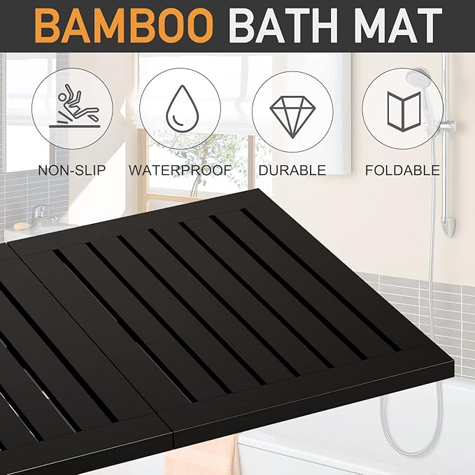 Waterproof Bamboo Bath Mat for Shower, Foldable | Non-Slip | Heavy Duty, Wooden Bath Mat, Floor Mat and Doormat for Indoor Outdoor (Black, 23.4 x 15.6IN)