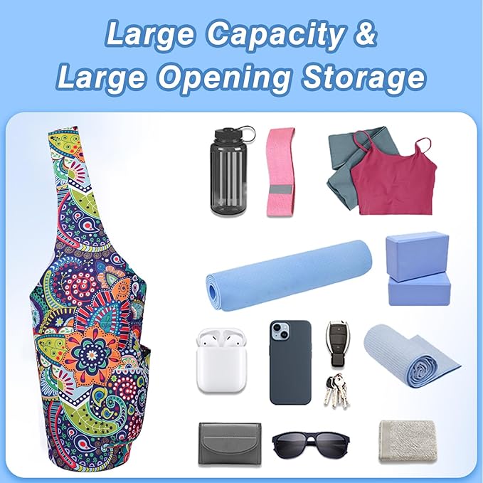 Yoga Mat Bag - Large Opening Long Tote Yoga Mat Carrier Holder Bag with Waterproof Wet Zipper Pocket and Drawstring Water Bottle Pocket - Yoga Bag Fit Most Size Mats
