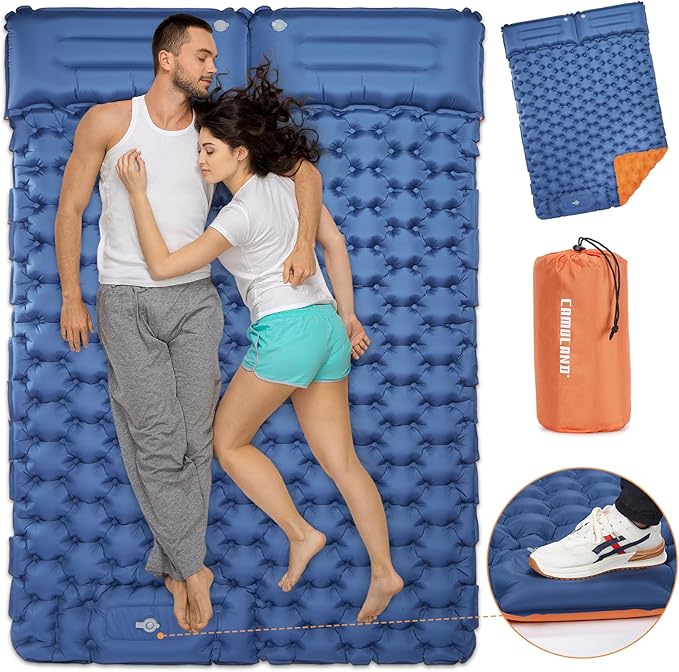 CAMULAND Camping Mattress 2 Person, Double Sleeping Pad for Camping Mat Inflatable Air Bed with Pillow Built-in Foot Pump Backpacking Hiking Traveling Gear Compact Self Inflating