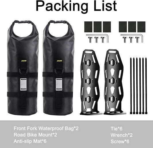 ENLEE 2pcs Bike Fork Bag with Multipurpose Cage-Waterproof Dry Bike Bags for Bicycles 5L Lightweight Portable Roll Top Design Bike Packing Fork Bags for MTB, Road, Gravel, Folding Bikes Touring