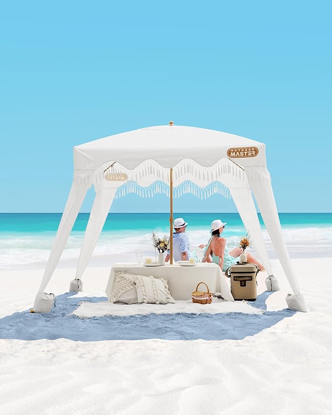 OutdoorMaster Beach Cabana with Fringes, Portable 6' x 6' Beach Canopy for Sand, Easy Set Up Sun Shelter, Included Side Wall, UPF 50+ UV Protection Sun Umbrella - for Family & Friends -Romantic White