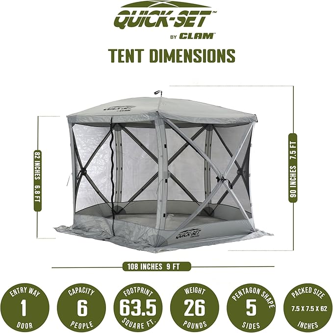 CLAM Quick Set Venture 9 x 9 Ft Portable Outdoor Camping Canopy Shelter, Gray + Clam Quick Set Screen Hub Gray Fabric, Accessory Only (6 Pack)