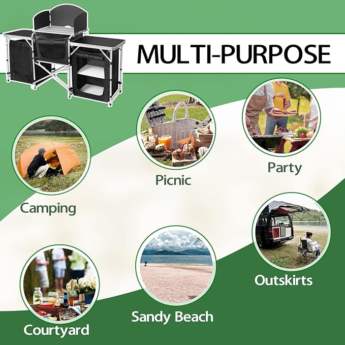 CampLand Folding Cooking Table Outdoor Portable Cook Station Aluminum Camping Kitchen with Storage Organizer, Windscreen, Hooks for BBQ, Party (Black3cabinet)