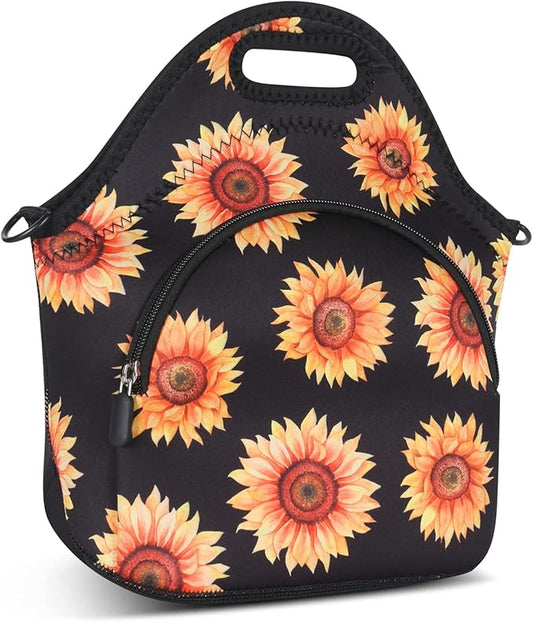 Violet Mist Neoprene Floral Lunch Bag, Sunflower, 12.6"L x 11.8"H x 6.3"W, Adjustable Shoulder Strap, Waterproof, Eco-Friendly