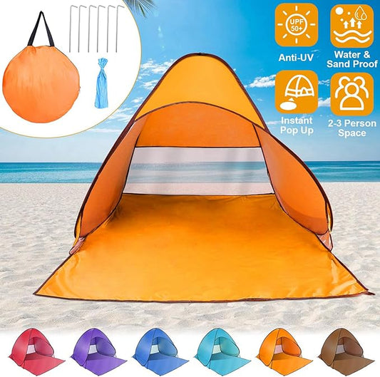 Pop Up Beach Tent for 2-3 Person, UPF50+ Anti-UV Sun Shelter w/Storage Bag, Portable Waterproof Instant Sun Shade Canopy for Outdoor Beach Camping Hiking Travel Family, Orange