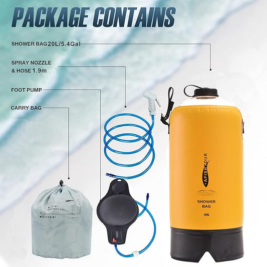 Portable Camping Shower Bag - 10L/2.2 Gallons 20/5 Gallons Solar Shower Water Bag with Foot Pump, Hose and Shower Head - Camp Shower for Camping, Beach, Travel, Outdoor Activities