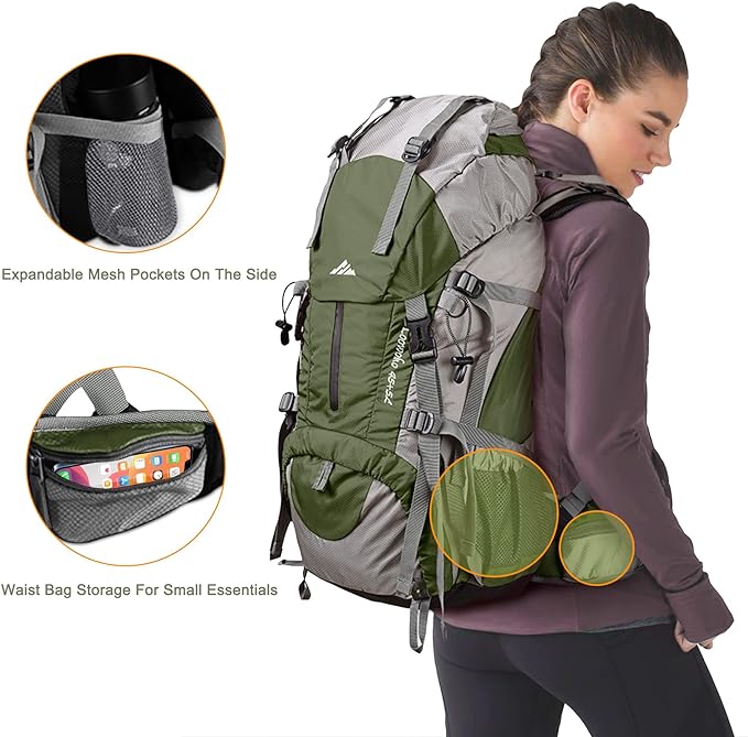 Loowoko 50L Hiking Backpack, Waterproof Camping Essentials Bag with Rain Cover, 45+5 Liter Lightweight Backpacking Back Pack