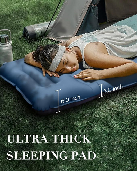 Camping Sleeping Pad, Inflatable Air Mat 5" Thick with Pillow, Built-in Foot Pump, Waterproof Layer for Pool Float, Beach, Hiking, Traveling, Tent (Blue Gray)
