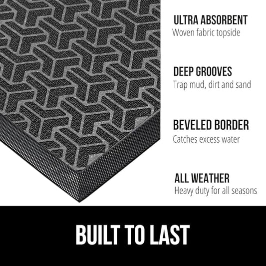 GORILLA GRIP 100% Waterproof All-Season WeatherMax Doormat, 72x24 Runner, Durable Natural Rubber, Stain and Fade Resistant, Low Profile, Indoor Outdoor Doormats, Easy Clean Entry Mat, Slate Geometric
