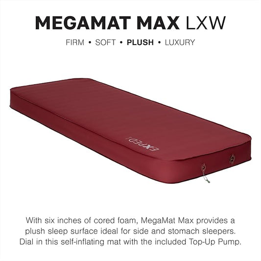 Exped MegaMat Max Long X-Wide - Self Inflating Plush Sleeping Mat, 6” Foam Pad, Pump Included