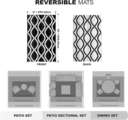 wikiwiki Outdoor Rug, 9x18ft Waterproof Reversible Mat Indoor Outdoor Rugs Carpet, Small Area Rug Plastic Straw Rug for Patio Deck Balcony Pool RV Camping Beach Picnic, Black & White, Rugscape Series