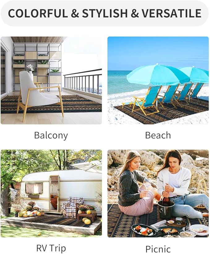 MontVoo Outdoor Rug Carpet Waterproof-Patio Rug Mat 6x9 Reversible RV Camping Rug Picnic Mat Plastic Straw Outside Rug for Balcony Porch Deck Beach-Boho Outdoor Area Rug for Patio Decor Colorful