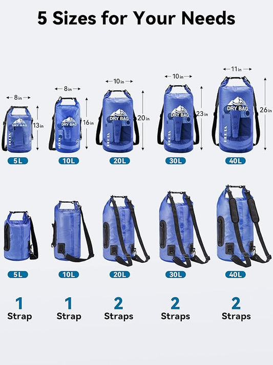 HEETA Dry Bag Waterproof for Women Men, 5L/10L/20L/30L/40L Roll Top Lightweight Dry Storage Bag Backpack with Phone Case for Travel, Swimming, Boating, Kayaking, Camping & Beach, 11 Transparent Colors
