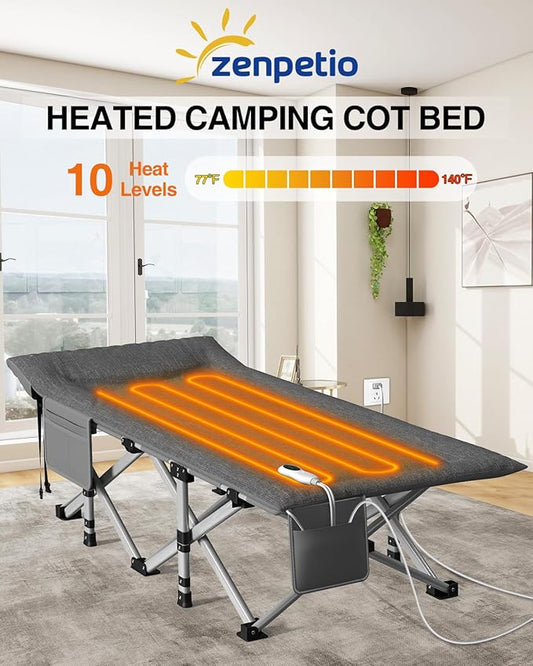 ZENPETIO Heated Camping Cot for Adults, Durable Foldable Cot Bed with Pad & Carry Bag, Portable Sleeping Cot for Camping Home Guest Stay, Direct Plug-in Design for Reliable Heating, Gray