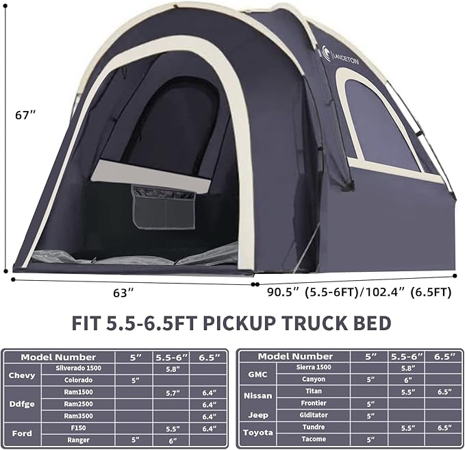 Pickup Truck Tent, Fit 5.5-6, 6.5ft Truck Bed, Waterproof PU3000 high Density Polyester Oxford, Windproof Pole and Insect-Prevention Double Layer Mesh Window & Door, Unique Rear Window Pipe