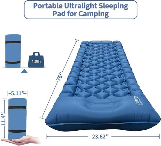 Single Sleeping Pad for Camping, Ultralight Inflatable Sleeping Mat with Pillow and Built-in Foot Pump, Portable Camping Mattress for Tent, Backpacking, Hiking, Traveling (Single,Blue)