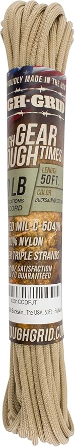 TOUGH-GRID Premium Buckskin Paracord 550 lbs Made in USA Outdoor Survival Nylon Rope Tactical Heavy Duty Strands Parachute Cord Used by US Military Type III Mil-Spec
