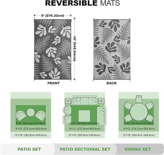 wikiwiki Outdoor Rug, 9x18ft Waterproof Reversible Mat Indoor Outdoor Rugs Carpet, Small Area Rug Plastic Straw Rug for Patio Deck Balcony Pool RV Camping Beach Picnic, Grey Leaves, Rugscape Series