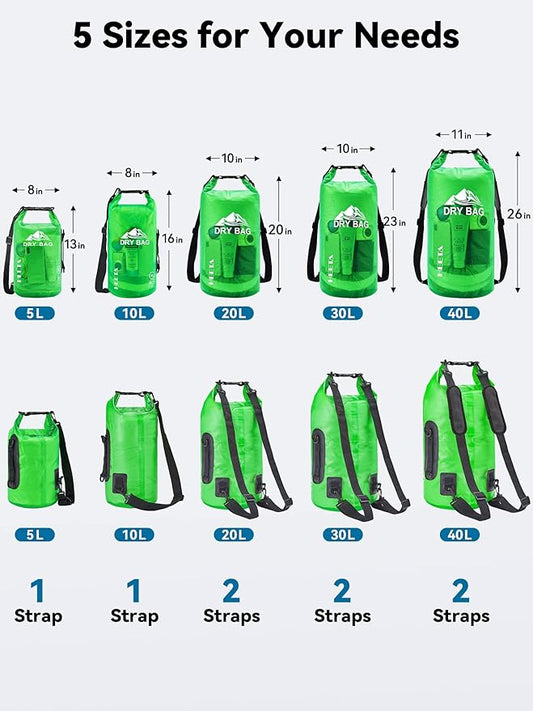 HEETA Dry Bag Waterproof for Women Men, 5L/10L/20L/30L/40L Roll Top Lightweight Dry Storage Bag Backpack with Phone Case for Travel, Swimming, Boating, Kayaking, Camping & Beach, 11 Transparent Colors