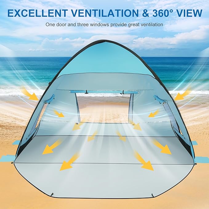TOBTOS UPF 50+ Pop Up Beach Tent, Easy Set Up Beach Umbrella, Sun Shelter for 2-3 People UV Protection Portable Sunshade, Baby Canopy Cabana, Lightweight with Carry Bag
