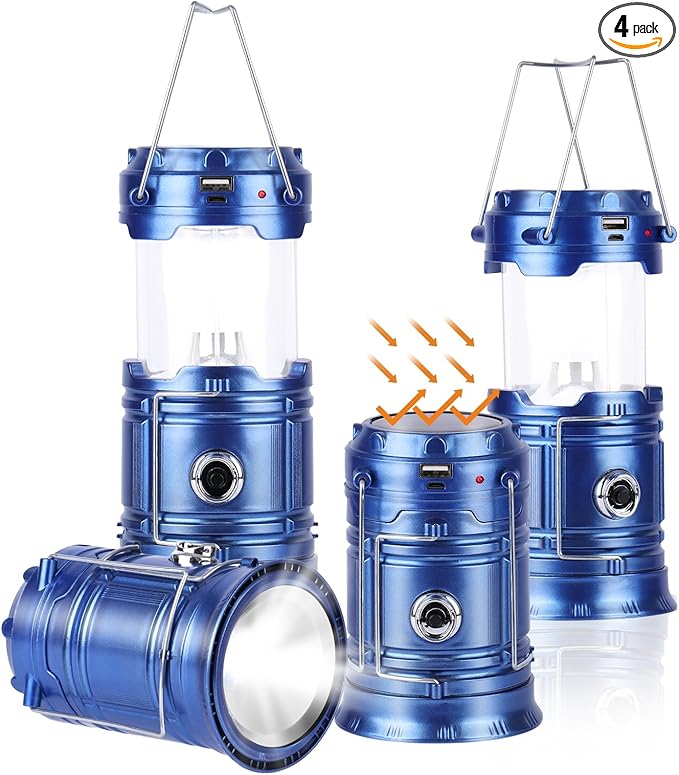 Solar Camping Lantern for Power Outages - USB Rechargeable Lamp Camping Essentials,Collapsible Waterproof Solar Lights for Indoor Outdoor Emergency Light/4 Packs/Blue