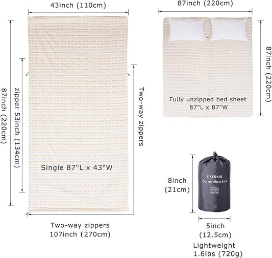 100% Cotton Sleeping Bag Liner with Full Length Zipper on 3 Sides; Single/Double Adult Sleep Sack for Travel & Camping, Multifunctional Travel Sheets (Unzipped 87”x87”) for Hotel, Lightweight
