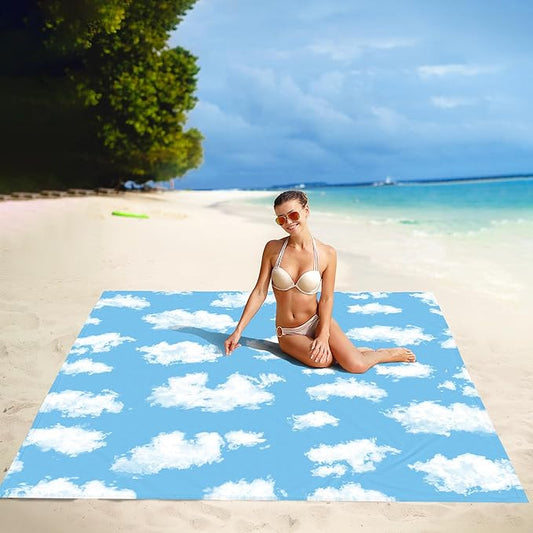 SkyNautre Waterproof Sandproof Beach Blanket, 110''×118'' Oversized Sand Free Beach Mat with 4 Stakes & Storage Bag, Extra Large Big Compact Outdoor Essentials for Picnic, Camping - Clouds