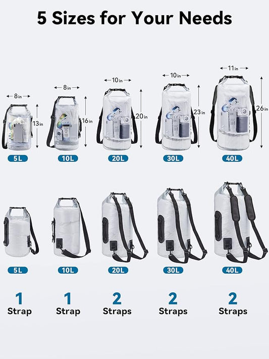HEETA Dry Bag Waterproof for Women Men, 5L/10L/20L/30L/40L Roll Top Lightweight Dry Storage Bag Backpack with Phone Case for Travel, Swimming, Boating, Kayaking, Camping & Beach, 11 Transparent Colors
