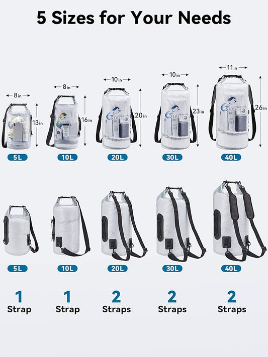 HEETA Dry Bag Waterproof for Women Men, 5L/10L/20L/30L/40L Roll Top Lightweight Dry Storage Bag Backpack with Phone Case for Travel, Swimming, Boating, Kayaking, Camping & Beach, 11 Transparent Colors