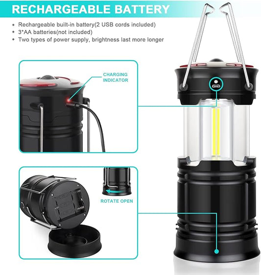 2 Pack Camping Lanterns Camping Accessories USB Rechargeable and Battery Powered 2-in-1 LED Lanterns, Hurricane Lights with Flashlight and Magnet Base for Camping, Hiking, Emergency, Outage