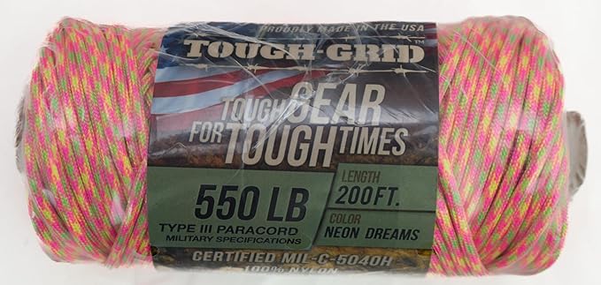 TOUGH-GRID Premium Neon Dreams Paracord 550 lbs Made in USA Outdoor Survival Nylon Rope Tactical Heavy Duty Strands Parachute Cord Used by US Military Type III Mil-Spec