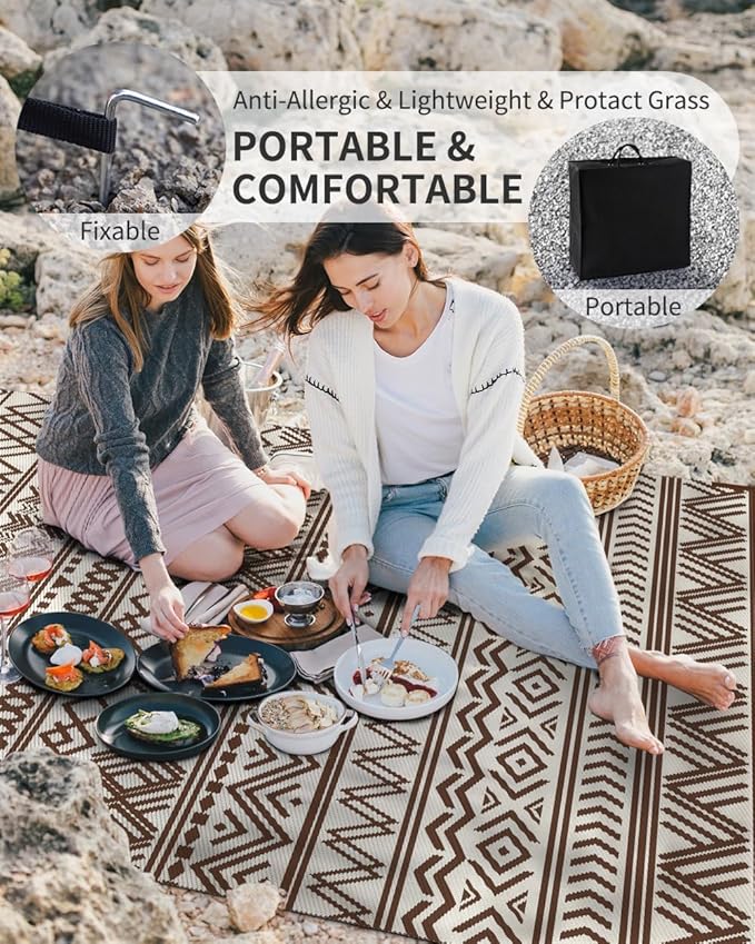 MontVoo Outdoor Rug 8x10 Waterproof Outdoor Patio Rug Mat Reverisble Plastic Straw Outdoor Rug for RV Camping Picnic Beach Balcony Boho Beige Brown