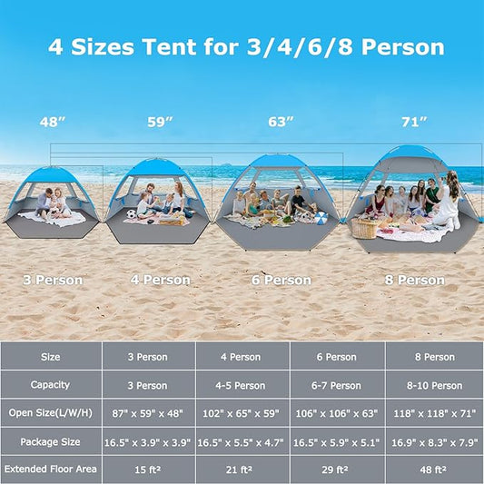 Venustas Beach Tent Sun Shelter for 3-10 Person, UPF 50+ UV Protection Canopy, Lightweight and Easy Setup Cabana, Portable Beach Shade