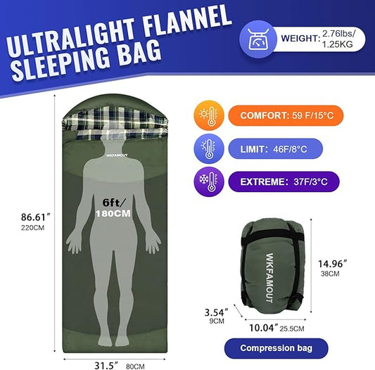 Backpacking Flannel Sleeping Bag Lightweight for Adults Hiking Ultralight Compact Sleeping Bag Portable Warm Weather Summer with Compression Sack
