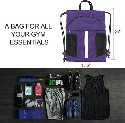 BeeGreen Drawstring Backpack Bag with Shoe Compartment, X-Large Black Gym Sports String Cinch Backpack