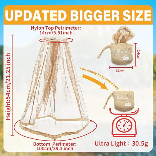 Benvo Mosquito Head Net Mesh One Piece Face Neck Fly Netting Cover from Bugs Gnats Noseeums Hat-Compatible Insect Shield for Fishing, Camping, Gardening (2pcs, Khaki, Upgraded Big Net)