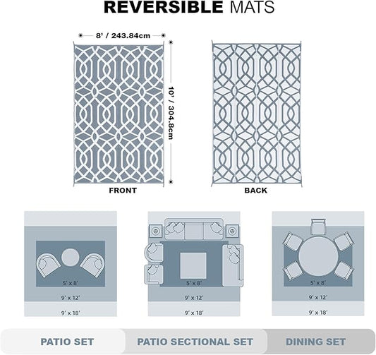 wikiwiki Outdoor Rug, 8x10ft Waterproof Reversible Mat Indoor Outdoor Rugs Carpet, Small Area Rug Plastic Straw Rug for Patio Deck Balcony Pool RV Camping Beach Picnic, Grey, Rugscape Series