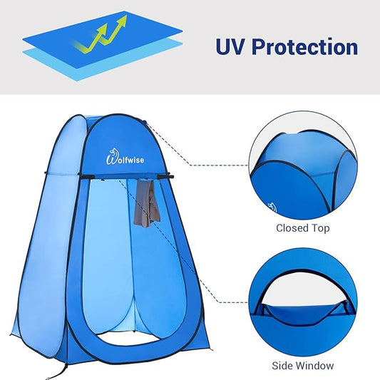 WolfWise Portable Pop Up Privacy Shower Tent, Spacious Changing Room, Dressing Room, Sun Sunshade Canopy Outdoor Rain Shelter, Backpack Privacy Shelters for Camping, Hiking, Beach, Toilet, Blue