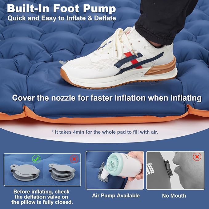CAMULAND Camping Mattress 2 Person, Double Sleeping Pad for Camping Mat Inflatable Air Bed with Pillow Built-in Foot Pump Backpacking Hiking Traveling Gear Compact Self Inflating