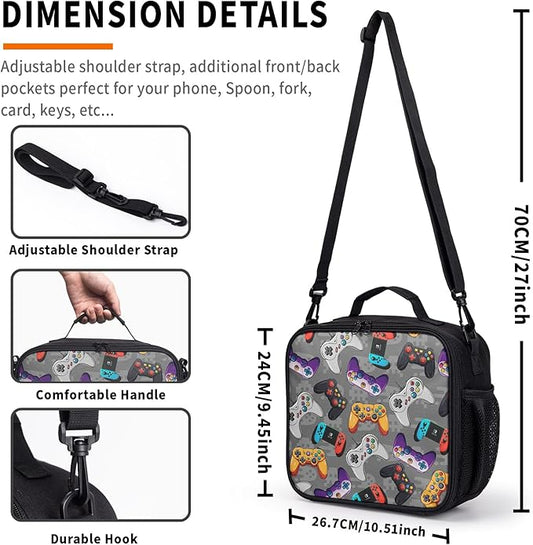 Game Colorful Lunch Bag Gray Gaming Lunch Boxes for Women/Man Office Work Travel School Work Picnic Durable Reusable Insulated Large Lunch Tote Bag with Adjustable Shoulder Strap