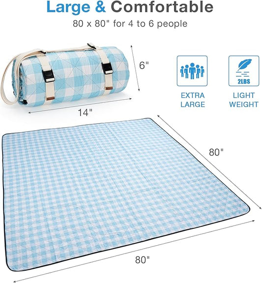 Picnic Blanket, 80''x80'' Waterproof Outdoor Blankets, Picnic Mat Washable for Beach, Picnic Blankets for Camping on Grass with Shoulder Strap - Blue & White