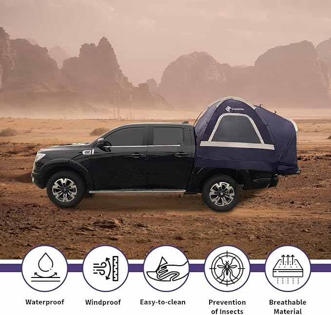 Pickup Truck Tent, Fit 5.5-6, 6.5ft Truck Bed, Waterproof PU3000 high Density Polyester Oxford, Windproof Pole and Insect-Prevention Double Layer Mesh Window & Door, Unique Rear Window Pipe