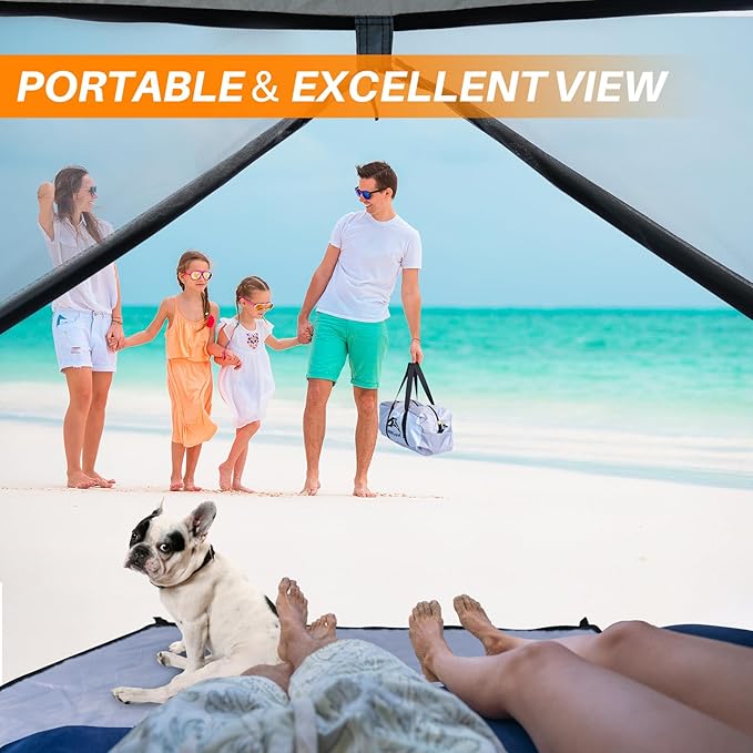 Happy Travel Beach Tent Sun Shelter for 3/4/5/6/7/8 Person, Portable UPF 50+ UV Protection Beach Shade Canopy for Family & Baby, Lightweight & Easy Setup Beach Cabana with 3 Ventilation Mesh Windows