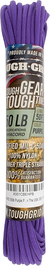 TOUGH-GRID Premium Purple Paracord 550 lbs Made in USA Outdoor Survival Nylon Rope Tactical Heavy Duty Strands Parachute Cord Used by US Military Type III Mil-Spec