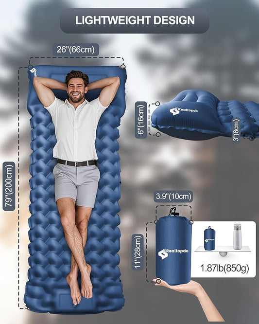 Inflatable Camping Sleeping Pad with Pillow & Foot Pump, 3"x79"x26" Single Camping Air Mattress, Compact Roll-Up, Quick-Dry & Durable Sleeping Mat for Backpacking, Hiking, Tent, Travel – Blue