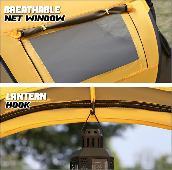 MoNiBloom Pop Up Tent 2 Person for Camping Waterproof Outdoor Easy Set Up Automatic Family Travel Tent, 2 Doors and Side Windows Instant Easy Popup Beach Tent with Carry Bag, Yellow