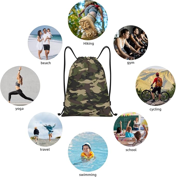 Camo Drawstring Backpack Cool Camouflage Drawstring Bags Gym Sports Bag Army Green Cinch Bag Camo Polyester Sackpack Woodland Travel Storage Bag