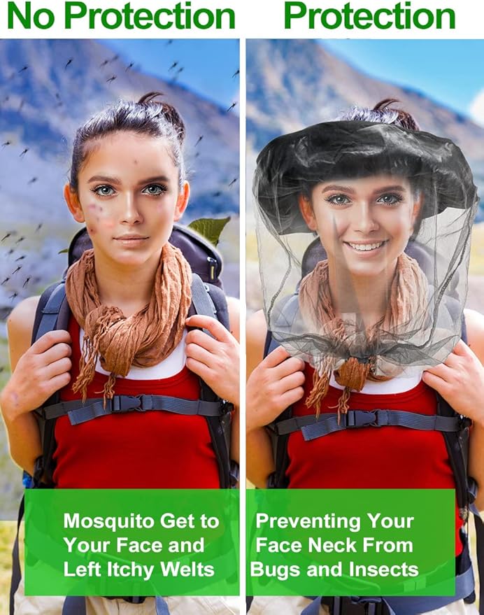 wohohoho Mosquito Head Net Mesh with Drawstring, Bug Face Netting for Hats, Mesh Face Shield for Men & Women Beekeeper Net Mask Protection for Midges, Bugs & Gnats (4 Packs, Mix Colors, Updated Size)