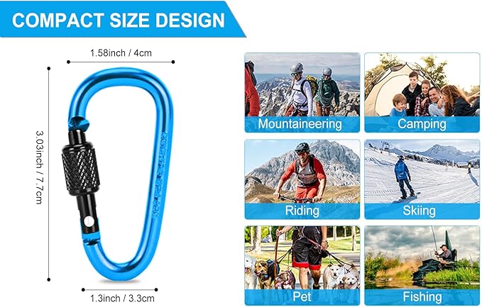 10 Pack Aluminum D Ring Key Rings Hiking Clips Locking Carabiner for Hiking Camping Fishing and Outdoor Use,Clips with Screw Gate Multicolored